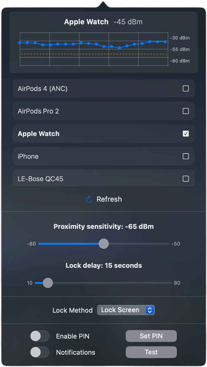 ProximityLock Application Settings Screenshot