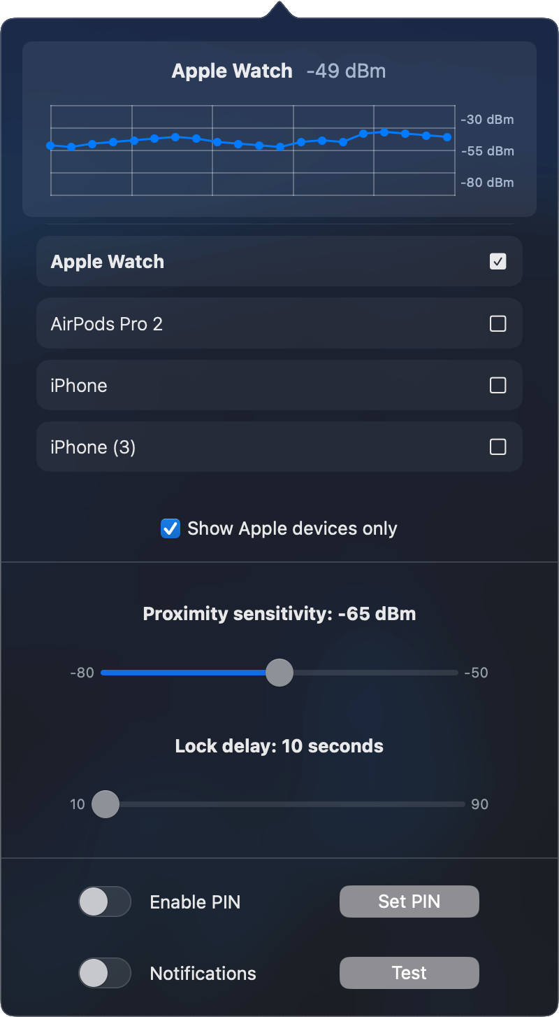 ProximityLock Application Settings Screenshot