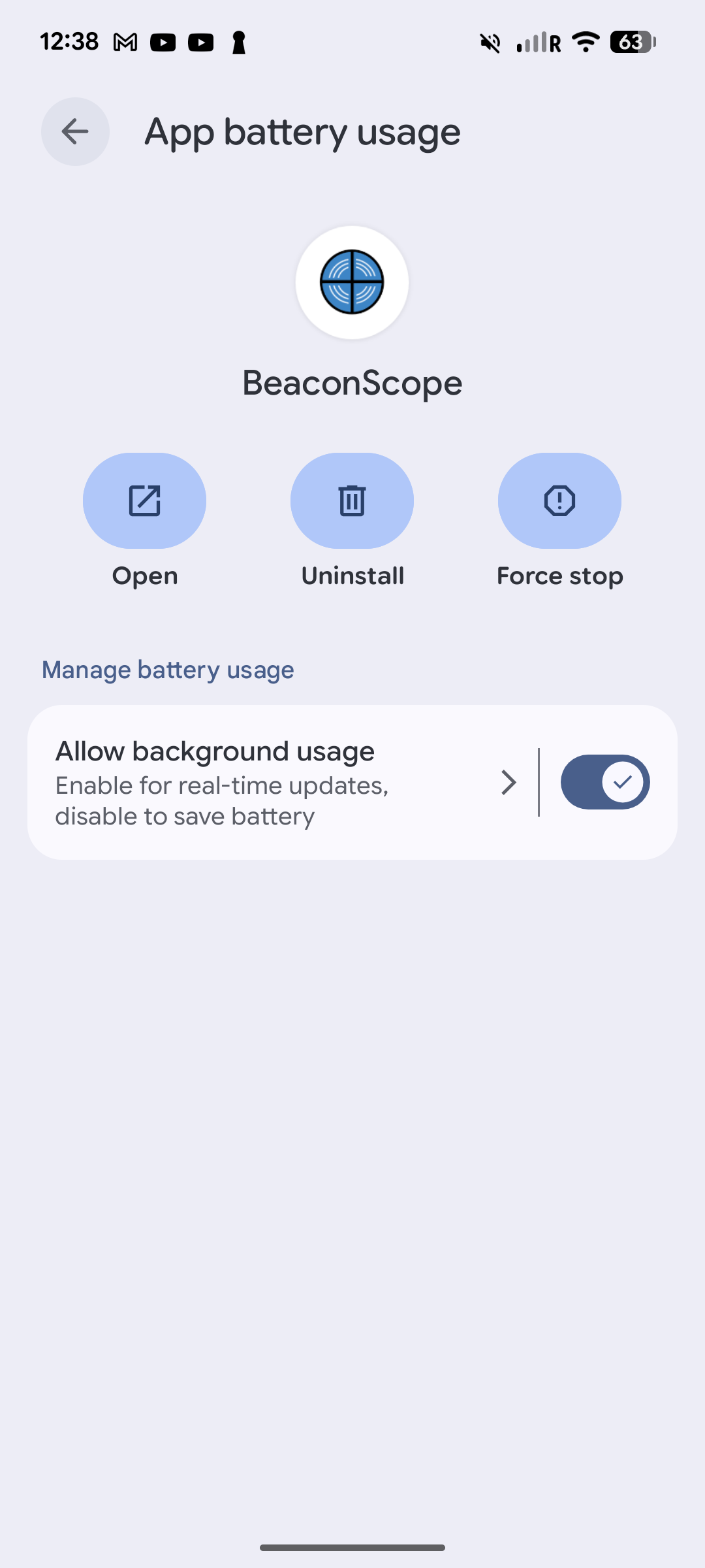 BeaconScope battery settings with Allow background usage enabled