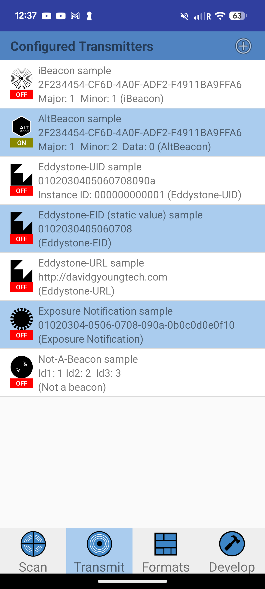 Beacon Scope app with the AltBeacon sample transmitter turned on